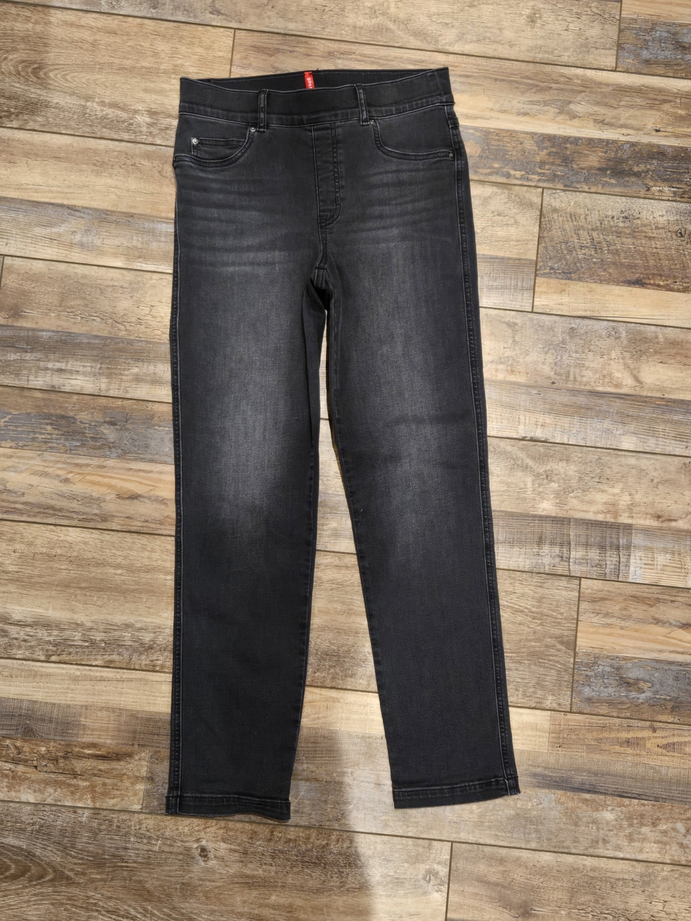 Spanx Black Washed Straight Leg Pull On Denim Jeans Tummy Control Size M - Picture 3 of 5